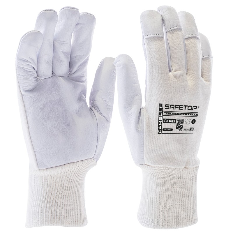 CAMELLE, leather-white cotton glove, elastic cuff